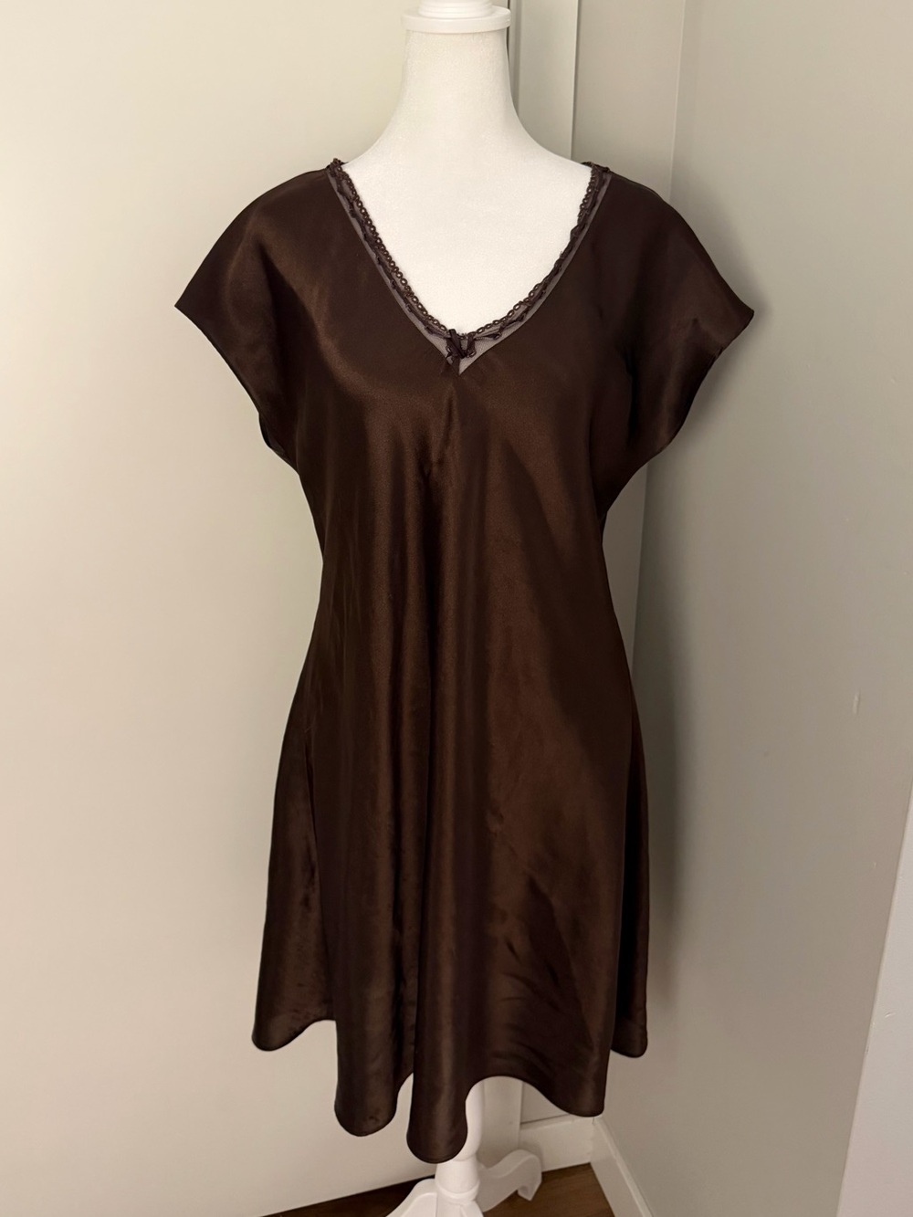 Vintage Morgan Taylor Chocolate Brown Satin V-Neck Chemise Slip Dress